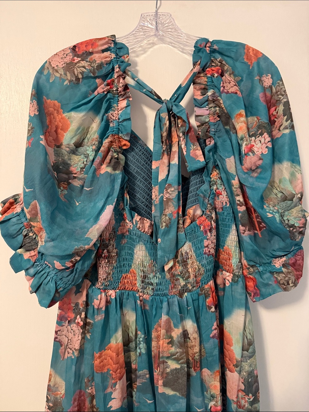 Anthro Anthropologie Teal Floral Smocked Maxi Dress Puff Sleeve Buttons 3X Plus - Picture 10 of 14